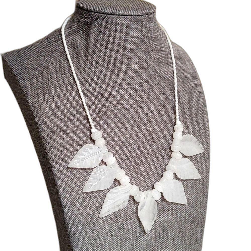 Vintage Carved White Quartz Leaf Statement Fringe Necklace Gemstone Boho